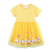 WOYY Summer Girl Easter Tutu Dress Bunny Embroidery Short Sleeve Casual Dress, Sizes 3-9